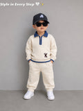2pcs Boys' Embroidered Casual Street Style Half-Zip Long Sleeve Sweatshirt and Straight Leg Knit Pants Set for Spring/Autumn Daily Outings and School, Perfect for Outdoor