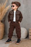 Rich Chocolate Brown / Earthy Espresso Premium smooth utility bomber jacket featuring elegant "alo" monogram luxury patterns on the front panels and collar.