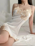 Lace Sexy Nightgown - V-neck Rayon Strap Nightdress, Summer Intimate Lingerie Backless Sleepwear