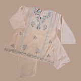 siblinggoals in light pink raw silk sets with  embroidery in traditional kurta