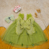 This Summer Baby Girl Fairy Dress With Hair Band Is Adotable  Green  with butterfly Wings, Mesh Sleeves And a Flared Hem for a Perfect Birthday Party Or Celebration .