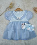 Cute Girl'S Bule Tuller Princess Dress With Hair Band Short Sleeve Puff Sleeve Bow Detail Lace Trim Summer Party Dress .