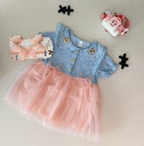 Girls Summer Sleeveless Denim With Hair Band Tutu Dress with Bunny Ears & Floral Embroidery Light BULE & Pink Layered Tulle Party Dress,