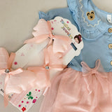 Girls Summer Sleeveless Denim With Hair Band Tutu Dress with Bunny Ears & Floral Embroidery Light BULE & Pink Layered Tulle Party Dress,