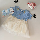 Girls Summer Sleeveless Denim With Hair Band Tutu Dress with Bunny Ears & Floral Embroidery Light BULE & Cream-white  Layered Tulle Party Dress,