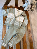 Baby Boys Sweater Co-ords: Striped Simple Casual Cute Bear Pattern Long Sleeve Crew Neck Pullover and Solid Color Pants Two-Piece Set, Suitable for Daily Outings,  Perfect for Outdoor