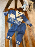 Baby Boys Sweater Co-ords: Striped Simple Casual Cute Bear Pattern Long Sleeve Crew Neck Pullover and Solid Color Pants Two-Piece Set, Suitable for Daily Outings,  Perfect for Outdoor