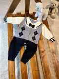 Boys' Gentleman Jumpsuit with Bow Tie - Checkered Pattern, Long Sleeve, Square Neckline, Regular Fit for Spring/Fall Casual Wear, Stylish Outfit | Checkered Pattern | Quilted Desig, for Outdoor