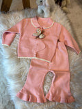 Girls' Fashion Casual Blend Knitted Set for Girls 3, Round Neck, Long Sleeves, Button Closure, Bunny Embellished Pink Sweater Pants Two-Piece Set, Elegant And Sweet, Suitable for Outdoor Activities, As a Gift for Kids
