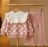 Children's Dot Printed Clothes Set - Sweet Ruffle Sweater Dress