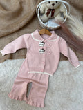 Pastel Pink / Soft Powder Pink ream White Trimming along the collar, hem, and cuffs