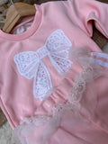 Bubblegum Pink / Soft Rose Pink Clean White Lace and Striping Matching pink trousers with a delicate, sheer tulle lace waistband trim.