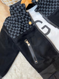 Premium velvet-touch bomber jacket featuring monogram "GD" designer pattern panels on the shoulders and collar.