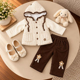 Premium Cream Hooded Quilted Jacket & Chocolate Brown Floral Trouser Set for Baby Girls