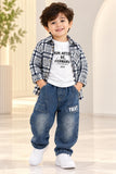 Premium Blue Denim Jeans & Black-White Check Shirt Set for Baby Boys