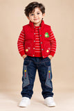 Premium Boys Winter Outfit – Red Puffer Vest, Striped Sweater & Denim Jeans