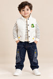 Premium Boys Winter Outfit – Red Puffer Vest, Striped Sweater & Denim Jeans
