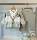 Baby Boys Sweater Co-ords: Striped Simple Casual Cute Bear Pattern Long Sleeve Crew Neck Pullover and Solid Color Pants Two-Piece Set, Suitable for Daily Outings,  Perfect for Outdoor