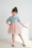 Girls Summer Sleeveless Denim With Hair Band Tutu Dress with Bunny Ears & Floral Embroidery Light BULE & Pink Layered Tulle Party Dress,