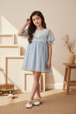 Cute Girl'S Bule Tuller Princess Dress With Hair Band Short Sleeve Puff Sleeve Bow Detail Lace Trim Summer Party Dress .