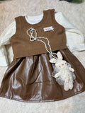 Trendy Brown Denim Style Baby Girl Dress with Cute Bunny Bag