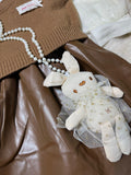 Trendy Brown Denim Style Baby Girl Dress with Cute Bunny Bag